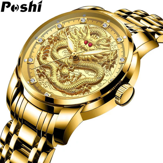 POSHI-reloj de cuarzo de acero inoxidable para hombre, cronÃƒÂ³grafo de lujo con diseÃƒÂ±o Original de dragÃƒÂ³n dorado, resistente al agua