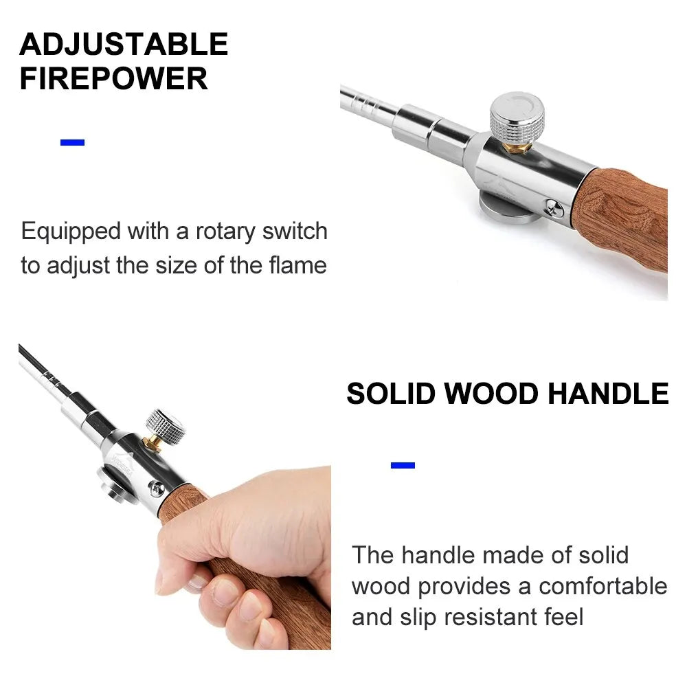 Widesea-encendedor de llama larga para acampar, quemador de mango de madera portátil para exteriores, Picnic, barbacoa, tanque de Gas, pistola de pulverización, kit de herramientas de estufa extraíble