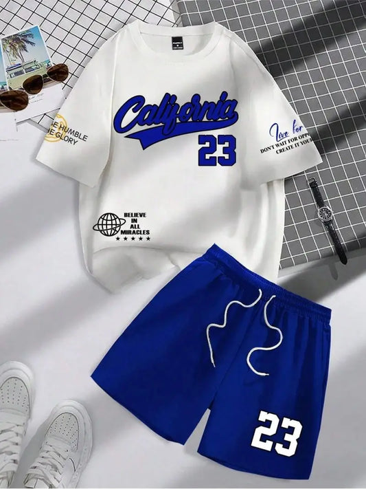 NOVEDAD DE VERANO 2025, traje de tendencia para hombre, conjunto de manga corta con cuello redondo, camiseta y pantalones cortos con cuello redondo y estampado alfanumérico personalizado a la moda
