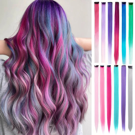 6 unids/pack de extensiones de cabello con Clip para fiesta de colores para niÃƒÂ±as, postizos sintÃƒÂ©ticos de pelo liso multicolor de 22 pulgadas