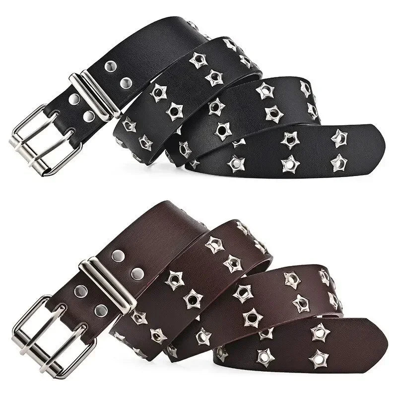Nuevo cinturÃ³n con remaches de ojo de estrella estilo gÃ³tico hebilla de doble Pin hombre/mujer moda Casual estilo Punk Pu pretina de cuero para pantalones vaqueros Y2K