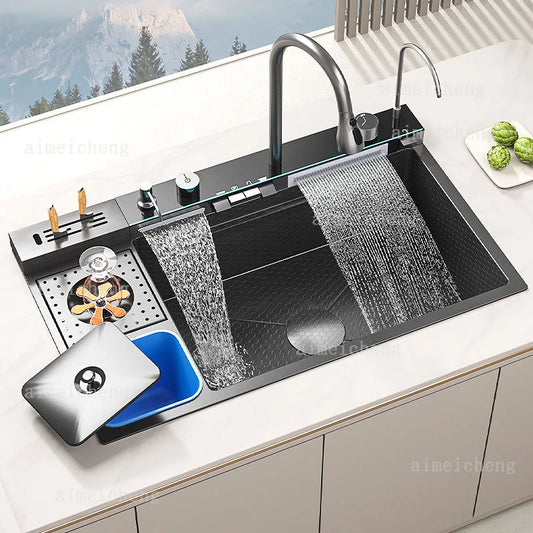Fregadero de cocina de cascada de acero inoxidable, pantalla Digital, fregaderos de lavavajillas multifuncionales de ranura única grande, lavabo en relieve