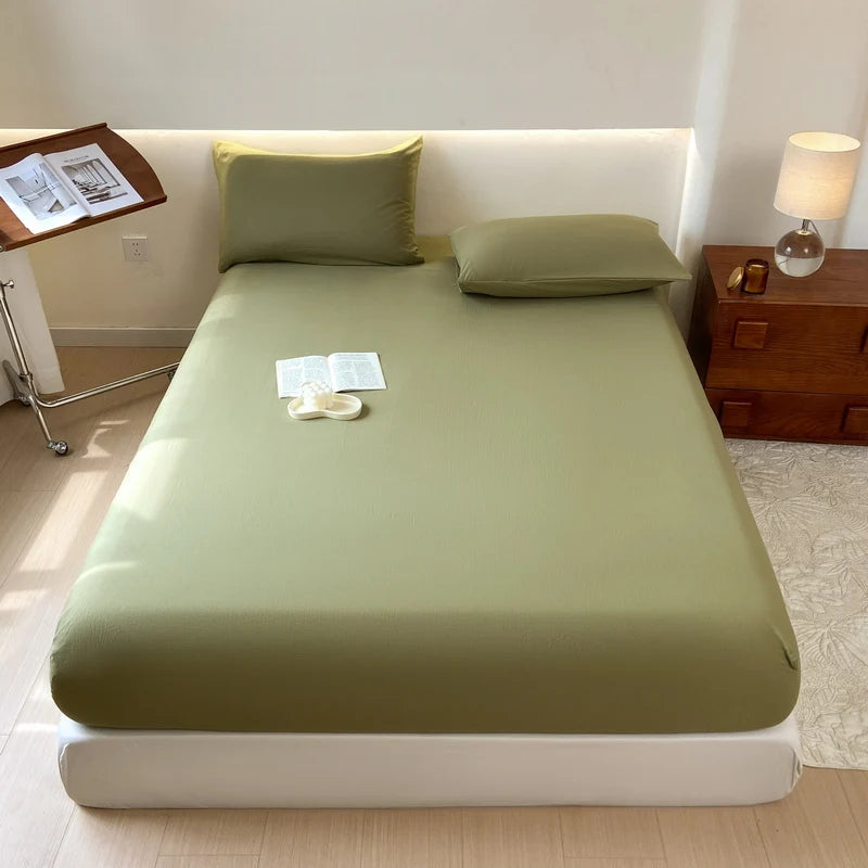 Sábana bajera de algodón lavada con funda de almohada, bandas elásticas, Funda de colchón ajustable antideslizante para cama doble King y Queen