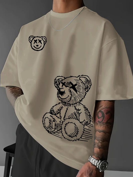 Camiseta deportiva informal de algodÃ³n puro 100% para hombre, camiseta holgada y a la moda con estampado de oso de dibujos animados, cuello redondo, manga corta, verano