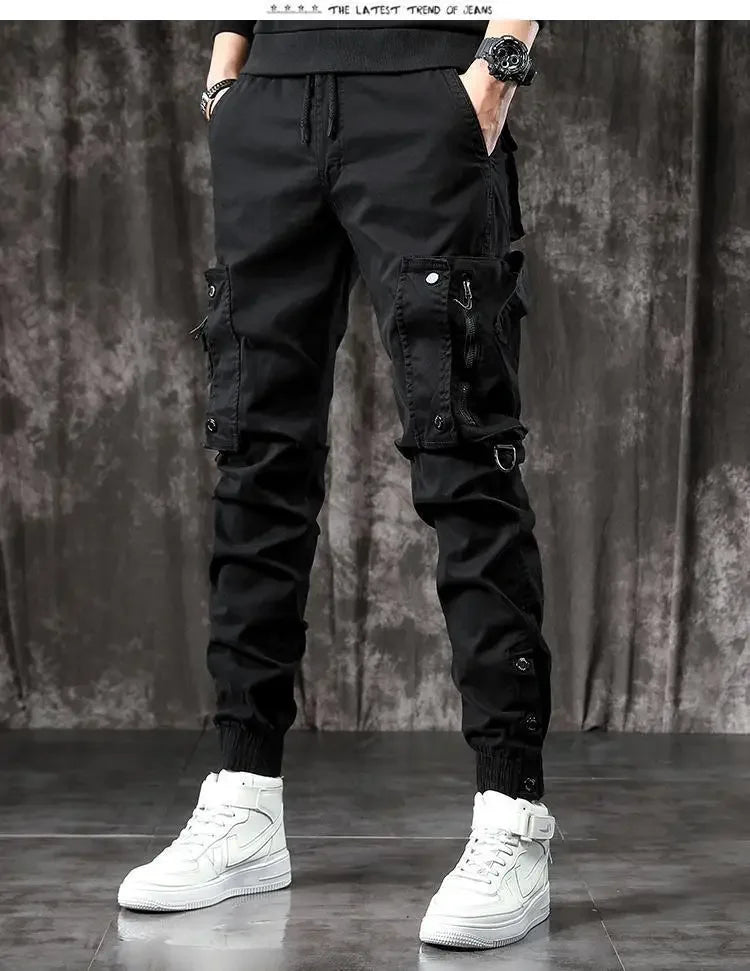 Pantalones Cargo de moda para hombre, pantalones ajustados de estilo informal, holgados, estilo americano, pantalones de pie pequeños con múltiples bolsillos, color negro, primavera y otoño