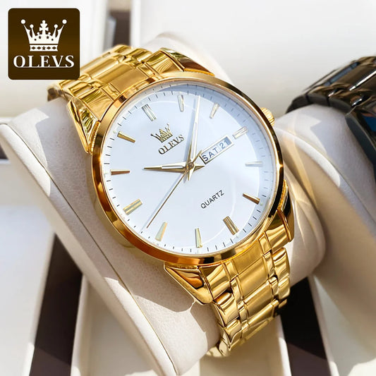 OLEVS-reloj analÃƒÂ³gico de acero inoxidable para hombre, accesorio de pulsera de cuarzo resistente al agua con calendario luminoso, complemento masculino de marca de lujo disponible en color dorado, perfecto para negocios
