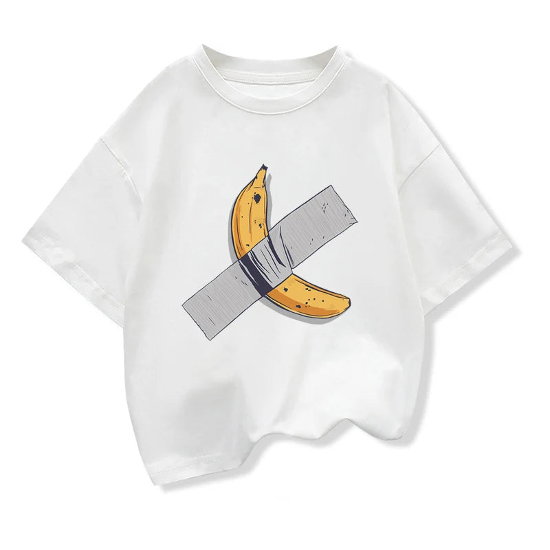 Ropa para niños, camiseta de manga corta con gráfico de plátanos en la pared, camisetas holgadas de algodón con cuello redondo de diseño Popular para niños