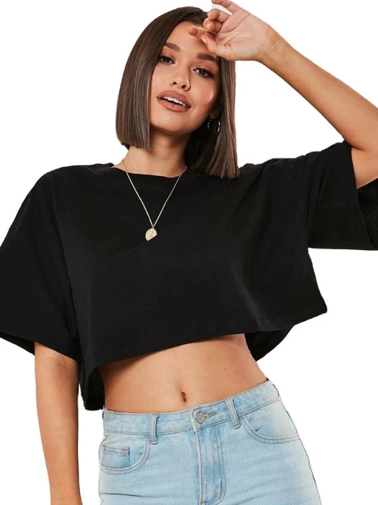 Ropa de algodÃ³n de manga corta para mujer, ropa para correr y bailar, Top corto para Yoga y Fitness, Camiseta deportiva holgada para el ombligo, camisetas de entrenamiento para gimnasio