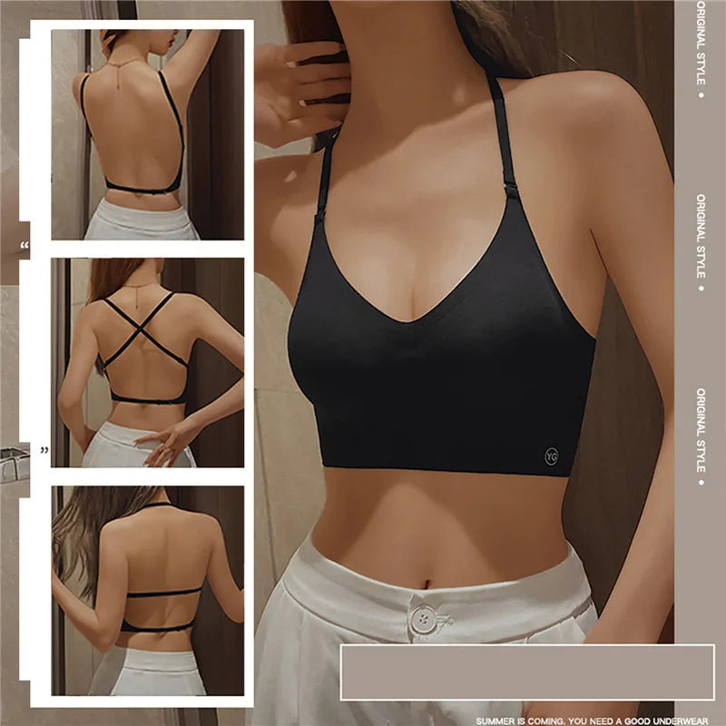 Sujetador Invisible de realce con espalda descubierta para mujer, sujetadores sexys de corte bajo, ropa interior de boda con espalda abierta, lencería sin costuras 2024