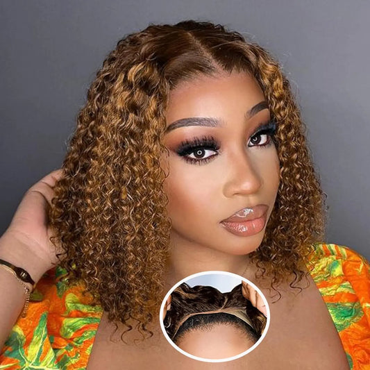 Pelucas Bob sin pegamento de color rubio miel de onda profunda, cabello humano prearrancado, precortado, desgaste y Go, pelucas rizadas, peluca con malla frontal HD ombré