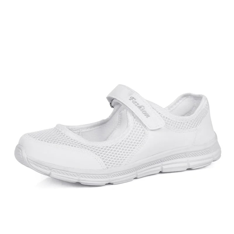 Zapatos vulcanizados transpirables para mujer, zapatillas de deporte de malla transpirable a la moda, zapatos de trabajo informales para caminar, color blanco