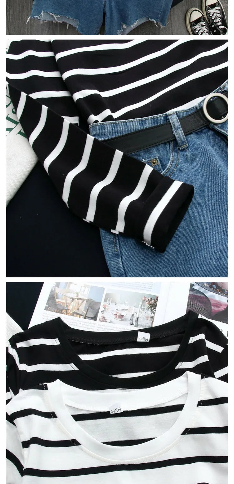 1 pieza primavera y otoÃƒÂ±o invierno Top a rayas negras con estilo extranjero Ins camisa inferior mujer Camiseta de manga larga