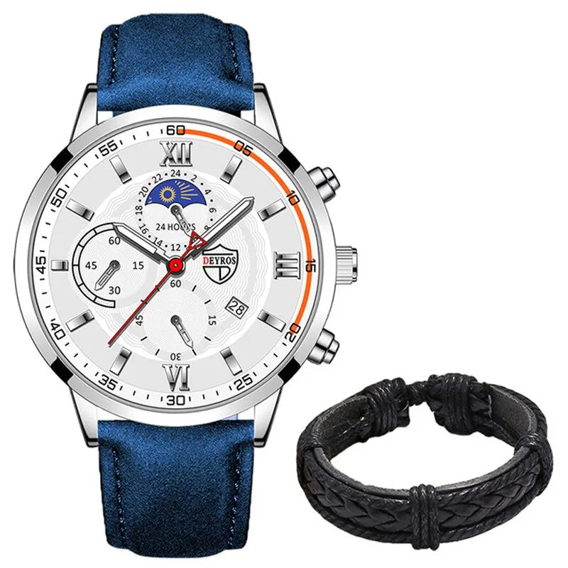 Conjunto de 2 piezas de relojes deportivos de moda para hombre, pulsera de cuero de negocios, reloj de cuarzo informal para hombre, reloj luminoso de lujo para hombre