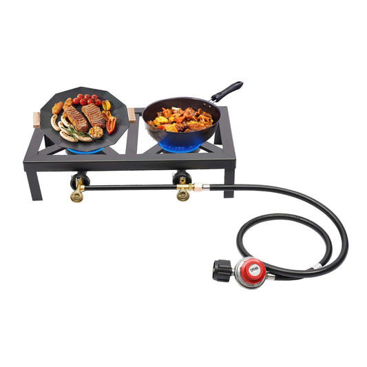 Estufa de gas propano doble para acampar y cocinar al aire libre con manguera reguladora, construcciÃ³n de hierro duradera 0-10PSI