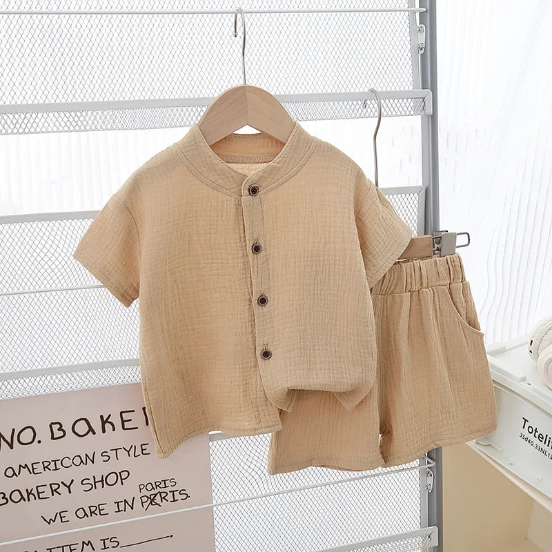 1 Juego de ropa de verano para niños y niñas, camisetas de algodón puro liso + pantalones cortos elásticos, ropa para niños, conjuntos de ropa informal para niños