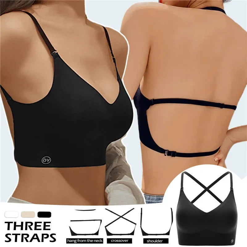Sujetador Invisible de realce con espalda descubierta para mujer, sujetadores sexys de corte bajo, ropa interior de boda con espalda abierta, lencería sin costuras 2024