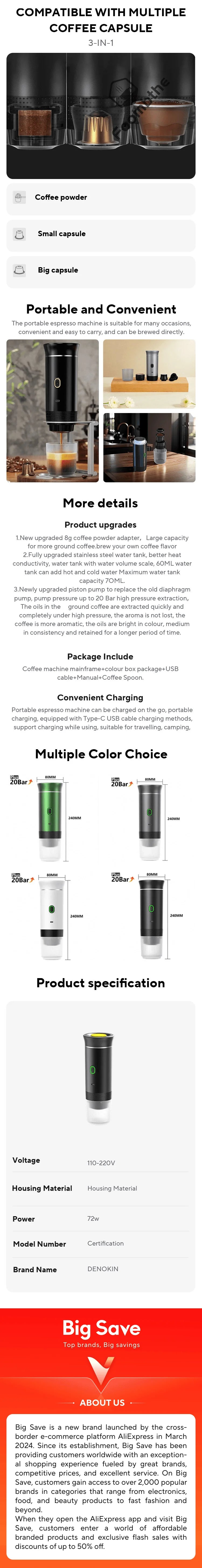 Cafetera Espresso portátil eléctrica inalámbrica para coche y hogar, cafetera para acampar, cafetera de viaje en polvo con cápsula 3 en 1