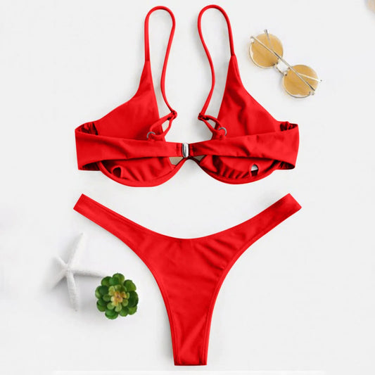Bikini Sexy con aros para Mujer, traje de baÃ±o rojo liso con sujetador de realce, Tanga, traje de baÃ±o con cuello Halter y cuello de pico, Mini microtanga 2024