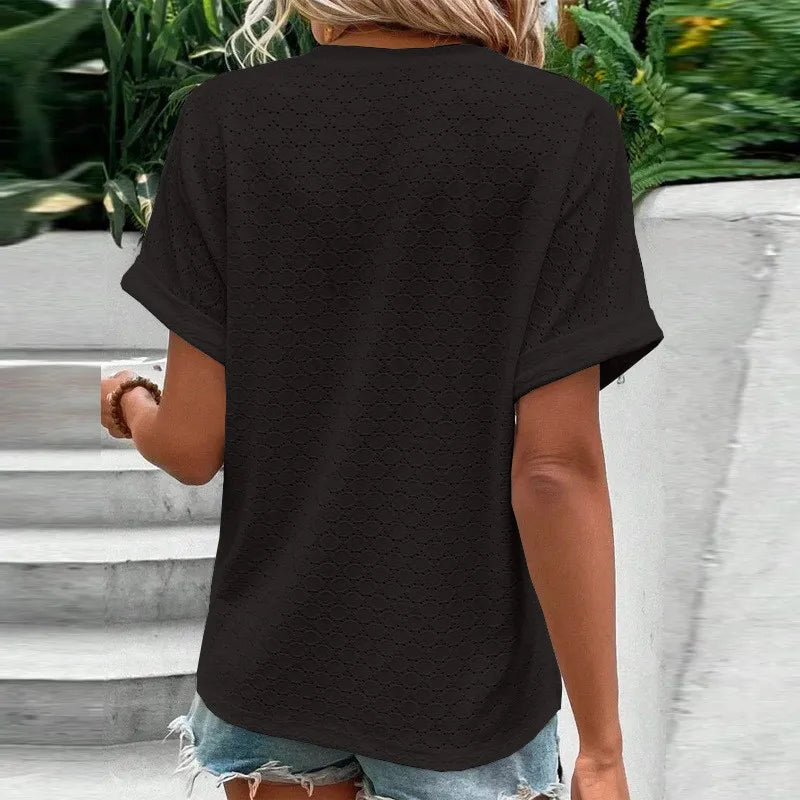 Blusas informales de Jacquard con botones y cuello en V para mujer, camisas holgadas lisas, Tops de manga corta de gran tamaño para mujer 2023