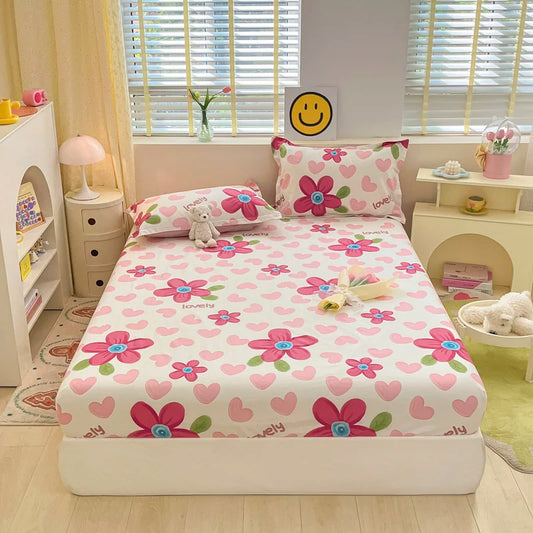 Juego de sábanas ajustadas de algodón 100% puro con funda de almohada, funda de cama con estampado de flores, sábanas individuales/Queen/King Size