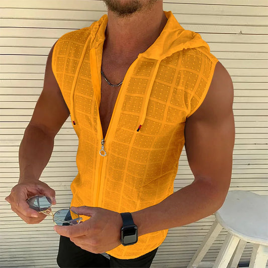 Nueva moda de verano para hombre, camiseta sin mangas con cremallera y capucha, camiseta informal sin mangas para playa, ropa de protecciÃƒÂ³n solar para playa con capucha