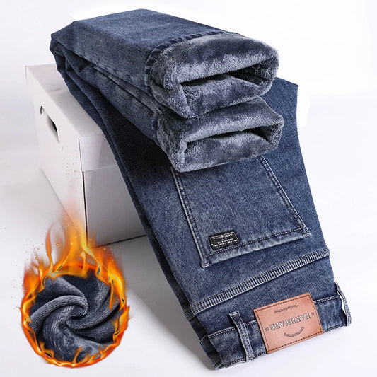 Pantalones vaqueros gruesos y cÃ¡lidos de lana de invierno para hombre, pantalones vaqueros elÃ¡sticos rectos ajustados, ropa informal para hombre, pantalones de felpa a la moda