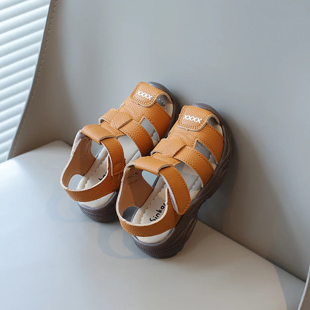 Sandalias deportivas de verano para niños, sandalias Vintage de cuero PU para niño, sandalias antideslizantes de suela blanda para chico, zapatos de verano a la moda
