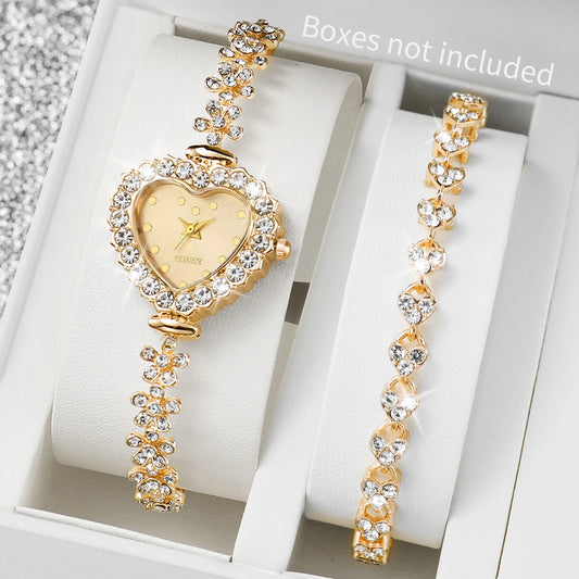 Conjunto de 2 uds de relojes para mujer, pulsera de lujo con diamantes de imitación, relojes de pulsera de cuarzo con esfera de corazón para mujer, reloj de vestir, reloj para mujer (sin caja)