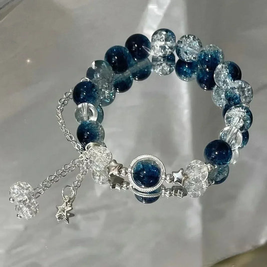 Pulsera con borlas y cadena de estrella para mujer, diseÃ±o de nicho, cuentas de cristal azul de fantasÃ­a, pulsera de cuerda elÃ¡stica, regalos de joyerÃ­a para mejores amigos