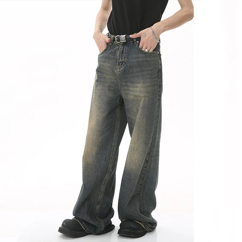 IEFB, pantalones vaqueros de verano para hombre, pantalones vaqueros lavados de color azul viejo para hombre, ropa informal recta para hombre, pantalones sueltos de pierna ancha, nueva moda 9C354