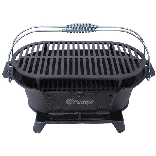 Parrilla Hibachi de hierro fundido ovalada de 20", parrilla de carbÃ³n portÃ¡til con rejilla extraÃ­ble de ventilaciÃ³n con mango, parrilla Yakitori para campamento al aire libre