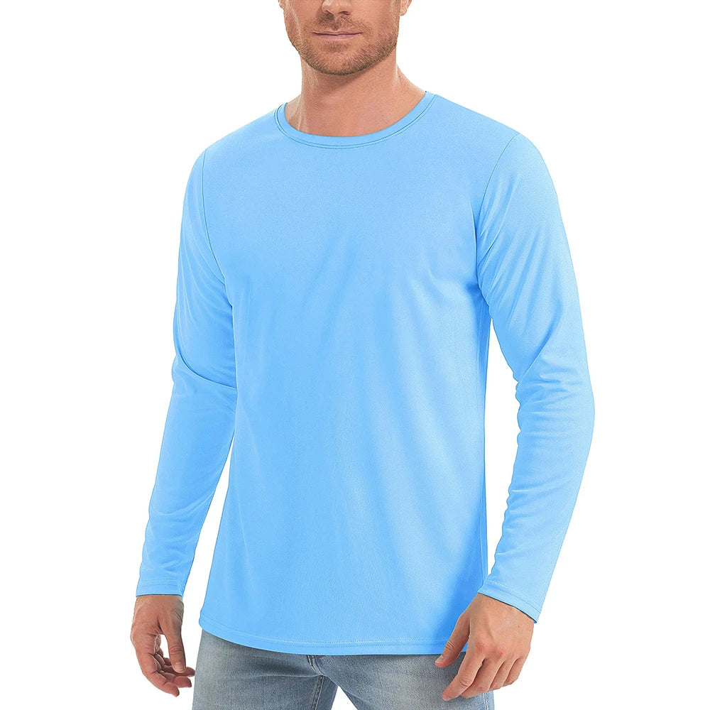 Camiseta con protecciÃ³n solar UV UPF50 + para hombre, camisetas de secado rÃ¡pido con cuello redondo y manga larga de Color sÃ³lido para senderismo al aire libre y pesca