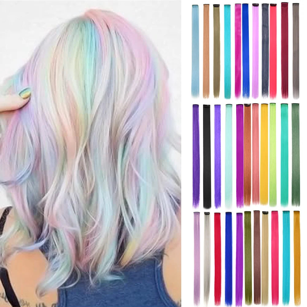 10 unids/pack de extensiones de cabello con Clip para fiesta de colores para niÃƒÂ±as, postizos sintÃƒÂ©ticos de pelo liso de 22 pulgadas de colores Omber