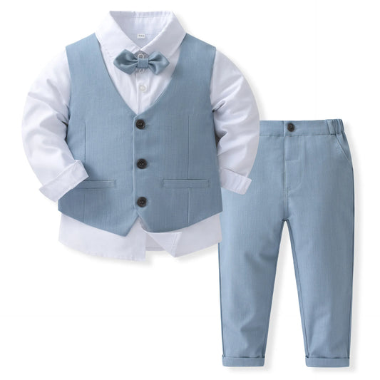 Trajes de caballero disfraz de cumpleaños para niños primavera otoño conjunto de ropa de Boutique chaleco sólido traje niños ropa Formal de algodón