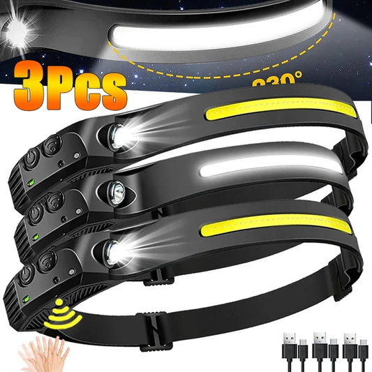 Nueva linterna frontal con Sensor LED recargable por USB, linterna XPE + COB para acampar, linterna impermeable para pesca, paquete de 3/2/1