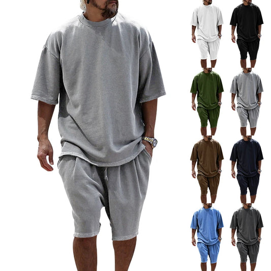 Conjunto de verano 2024 para hombre, traje deportivo holgado informal de talla grande de estilo japonés, camiseta de manga corta, pantalones cortos, ropa de dos piezas para hombre