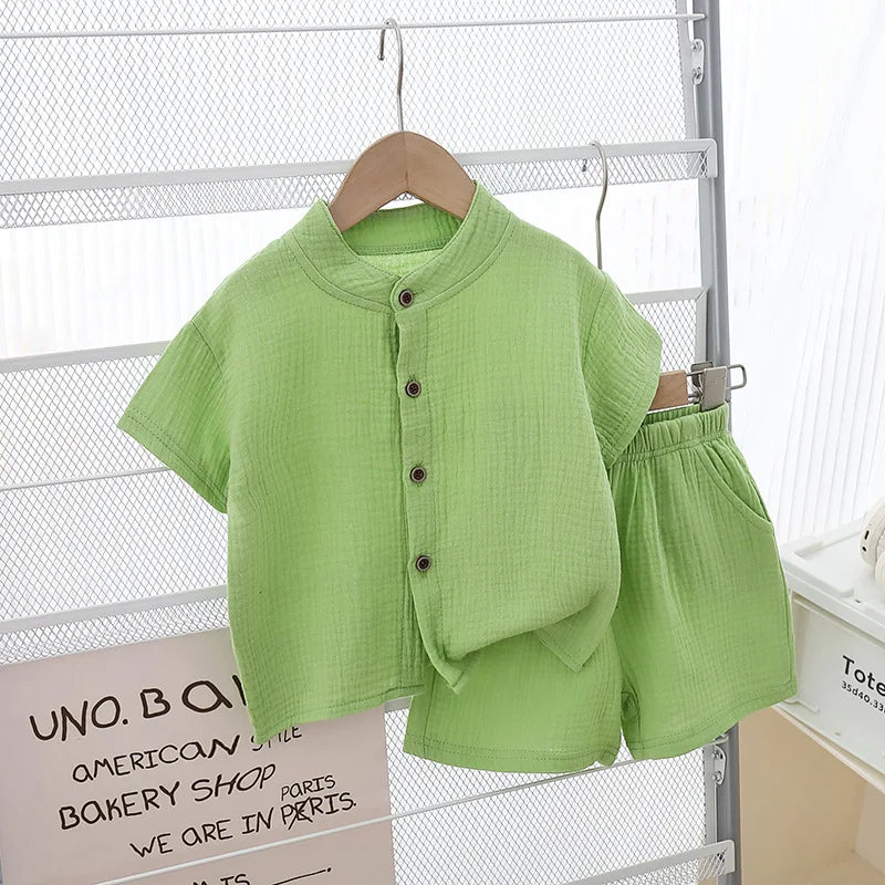 1 Juego de ropa de verano para niños y niñas, camisetas de algodón puro liso + pantalones cortos elásticos, ropa para niños, conjuntos de ropa informal para niños