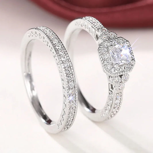 Conjunto de anillos de Plata de Ley 925 para mujer, 2 uds., accesorios de boda de circón cúbico de lujo, joyería femenina elegante con temperamento