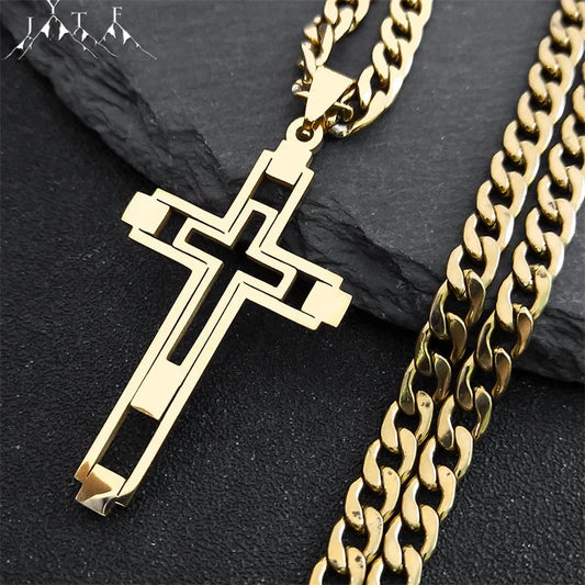 Collares de cadena de acero inoxidable con cruz de Hip Hop, collar con colgante largo de Color dorado para mujeres/hombres, joyerÃƒÂ­a para hombre N6055S05 2024