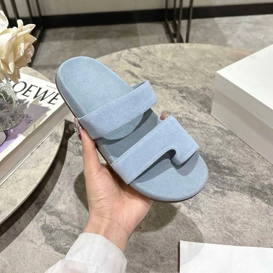 2025 Primavera Verano nuevas zapatillas de mujer punta redonda zapatos de mujer gamuza cuero genuino chanclas Retro zapatillas zapato femenino caliente