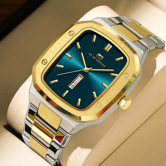 2024 nuevo reloj para hombre, correa cuadrada de acero inoxidable a la moda, oro azul, 3Bar, calendario semanal de cuarzo, reloj de pulsera deportivo de negocios simulado