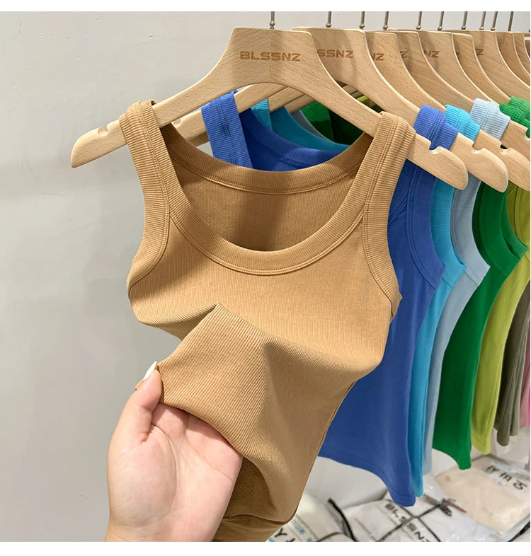 Zjaiss, camiseta sin mangas acanalada con cuello redondo liso para mujer, camisola para mujer, camiseta sin mangas elÃƒÆ’Ã‚Â¡stica bÃƒÆ’Ã‚Â¡sica de verano 2025, camiseta sin mangas sÃƒÆ’Ã‚Â³lida con cuello redondo