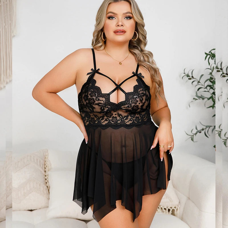 CamisÃ³n erÃ³tico de talla grande para mujer, secciÃ³n corta transparente de tul, lencerÃ­a Sexy con Tanga, vestidos exÃ³ticos para muÃ±ecas