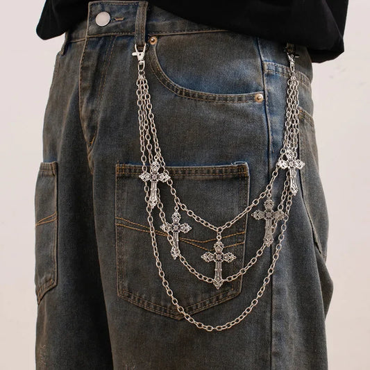 Cadena de pantalones de Metal Punk para hombre y mujer, cadena de cintura de Hip Hop, colgante de Cruz, cadena para pantalones vaqueros, accesorios, regalos