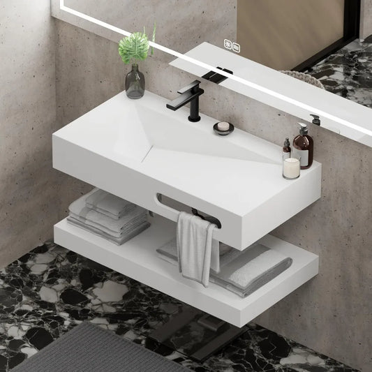 Lavabo de resina para baño, lavabo blanco en forma de V montado en la pared de 32 pulgadas con estante y toallero, lavabo flotante