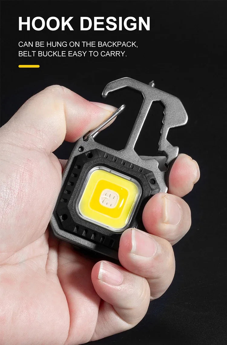 Luz de trabajo con llavero COB con pantalla de batería, luz LED portátil recargable de 8 modos de alto lúmenes para acampar, senderismo y correr