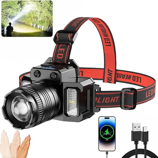 Nuevo Linterna frontal recargable por USB, linterna superbrillante, luz LED de inducción, resistente al agua, para acampar, móvil, intermitente