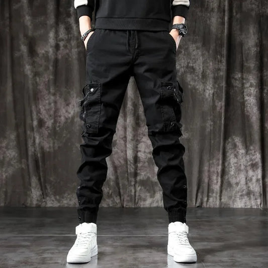 Pantalones Cargo de moda para hombre, pantalones ajustados de estilo informal, holgados, estilo americano, pantalones de pie pequeños con múltiples bolsillos, color negro, primavera y otoño