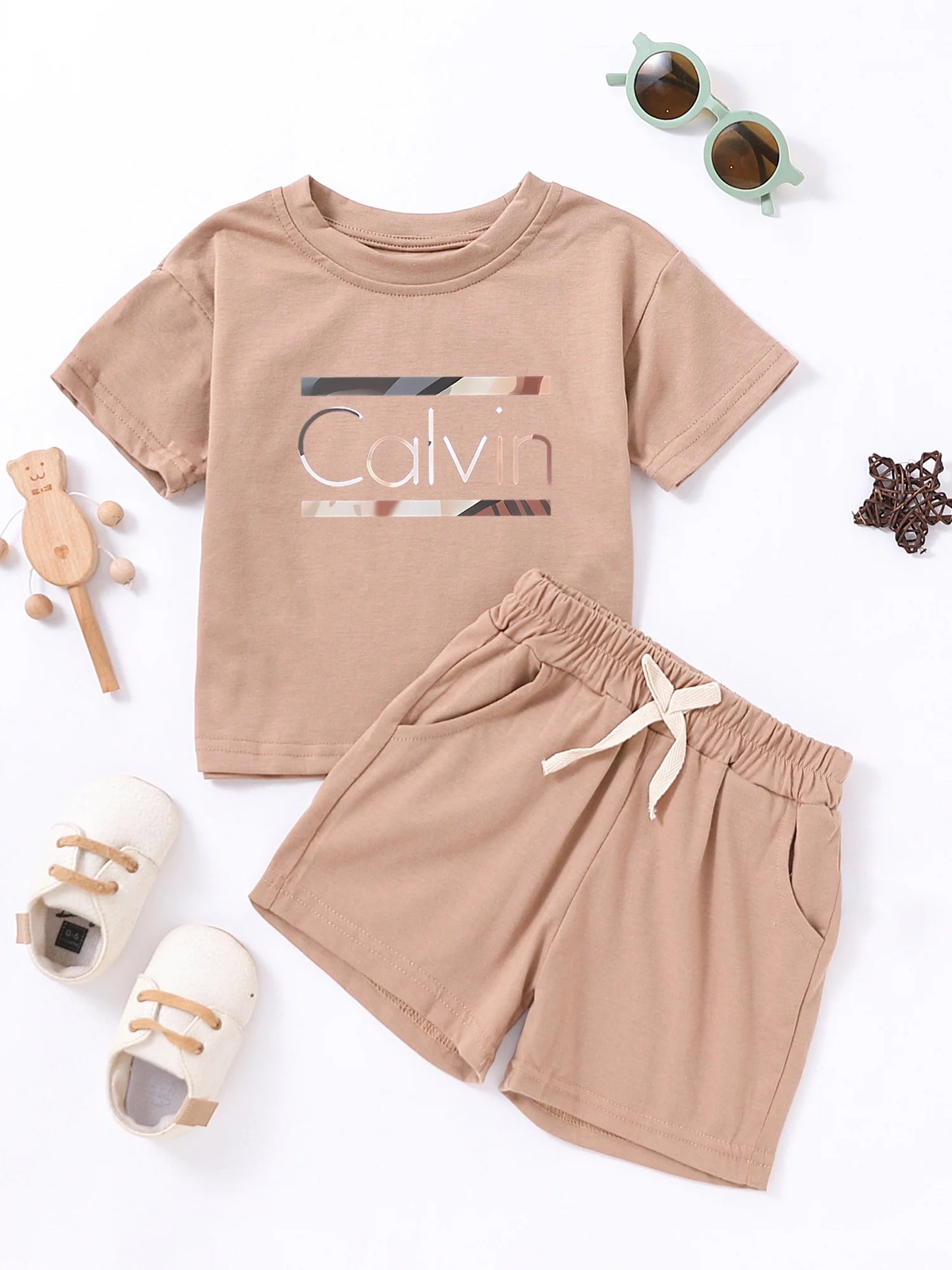 Trajes con estampado de letras Calvin para niños, camisetas de algodón + Pantalones cortos, conjuntos de ropa de 2 uds., trajes de moda para niños y niñas de 1 a 7 años