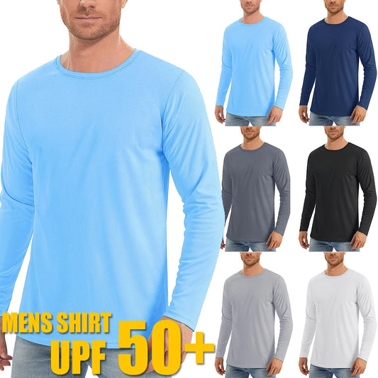 Camiseta con protecciÃ³n solar UV UPF50 + para hombre, camisetas de secado rÃ¡pido con cuello redondo y manga larga de Color sÃ³lido para senderismo al aire libre y pesca